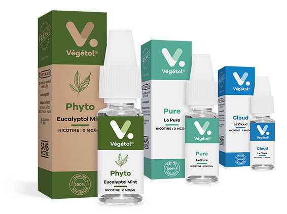 E-liquide naturel français sans propylène glycol Végétol® Phyto, Végétol® Pure, Végétol® Cloud - Photo des produits
